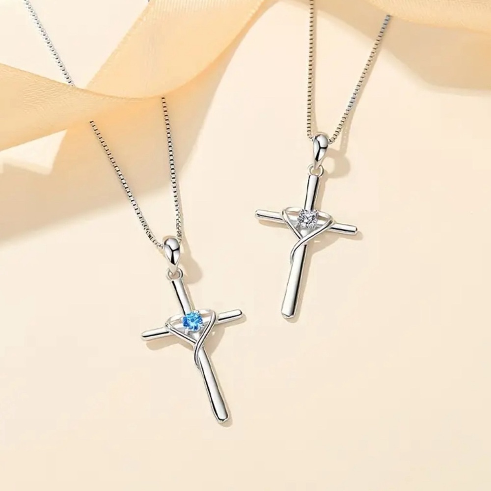 925 Sterling Silver Cross With Blue Zirconia!!!